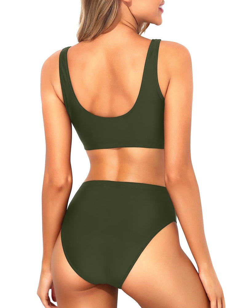 Tempt Me Women Army Green Two Piece Scoop Neck Bikini Crop Top Swimsuit Sporty High Waisted Bathing Suit XL - Image 2